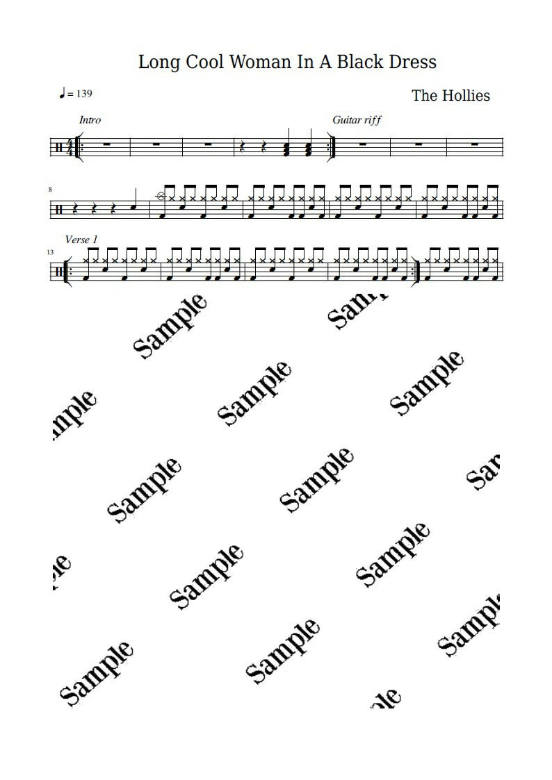 Long Cool Woman In A Black Dress - The Hollies - Full Drum Transcripti DrumSetSheetMusic Long Cool Woman In A Black Dress - The Hollies - Full Drum Transcripti DrumSetSheetMusic