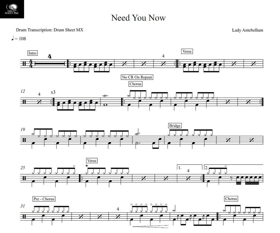 Need You Now - Lady Antebellum - Full Drum Transcription / Drum Sheet Music - Drum Sheet MX
