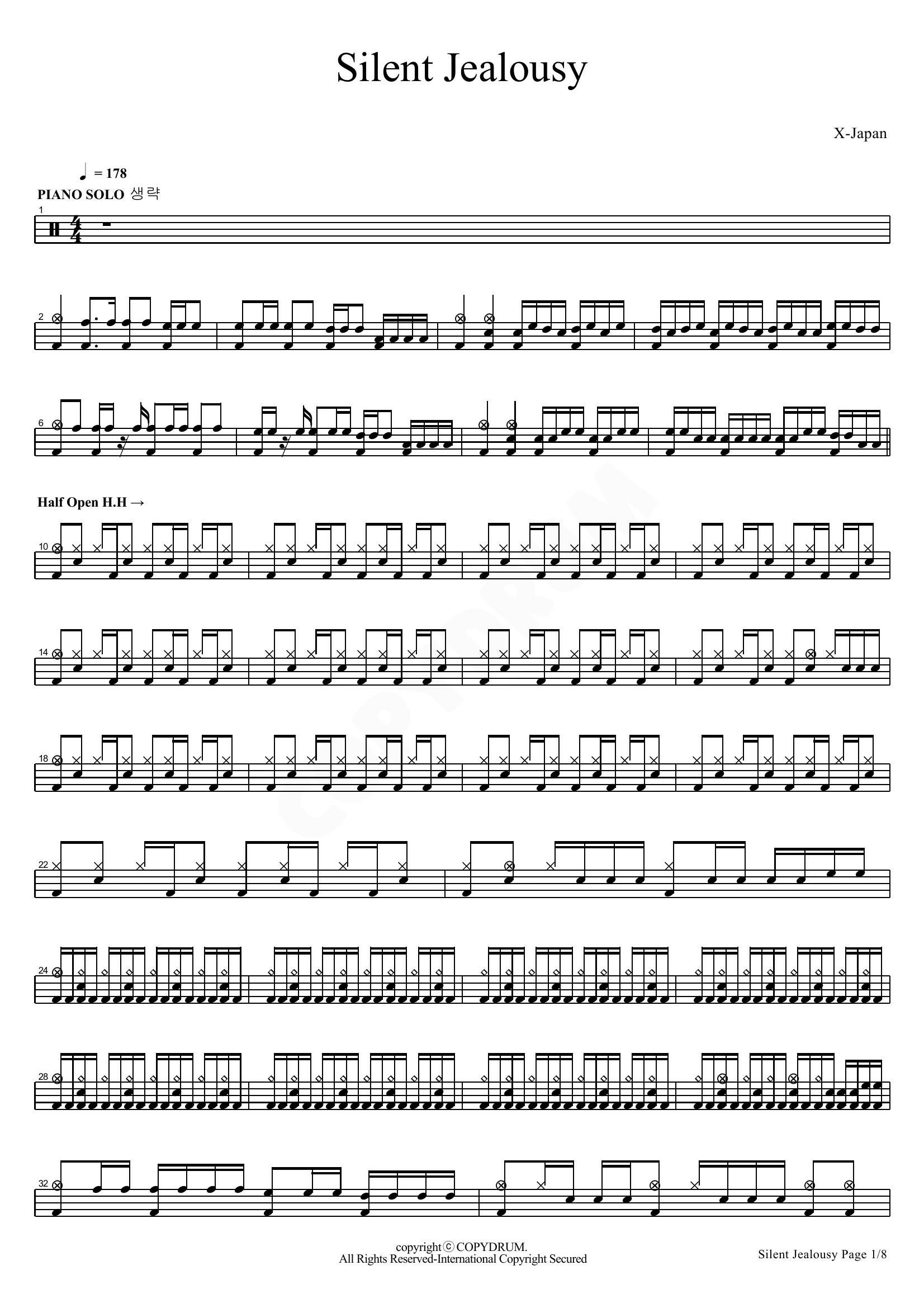 Silent Jealousy - X Japan (エックス・ジャパン) - Drum Sheet Music