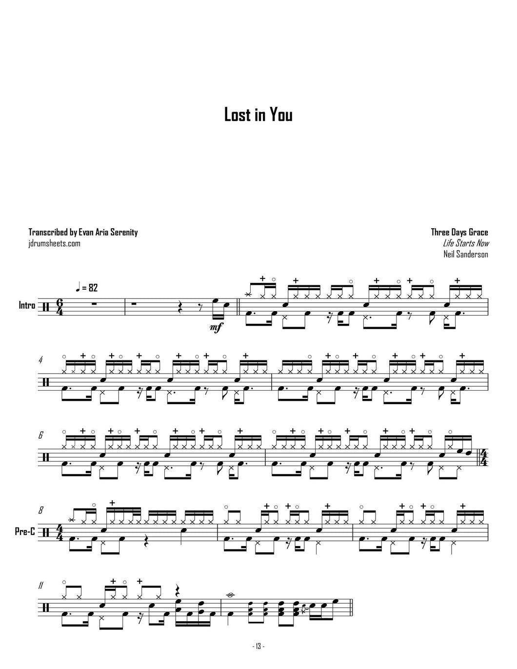 Lost in You - Three Days Grace - Full Drum Transcription / Drum Sheet Music - Jaslow Drum Sheets