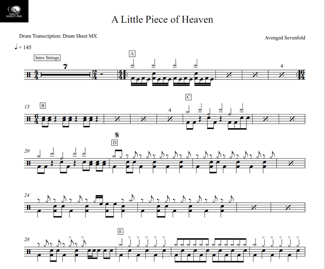 A Little Piece of Heaven - Avenged Sevenfold - Full Drum Transcription / Drum Sheet Music - Drum Sheet MX