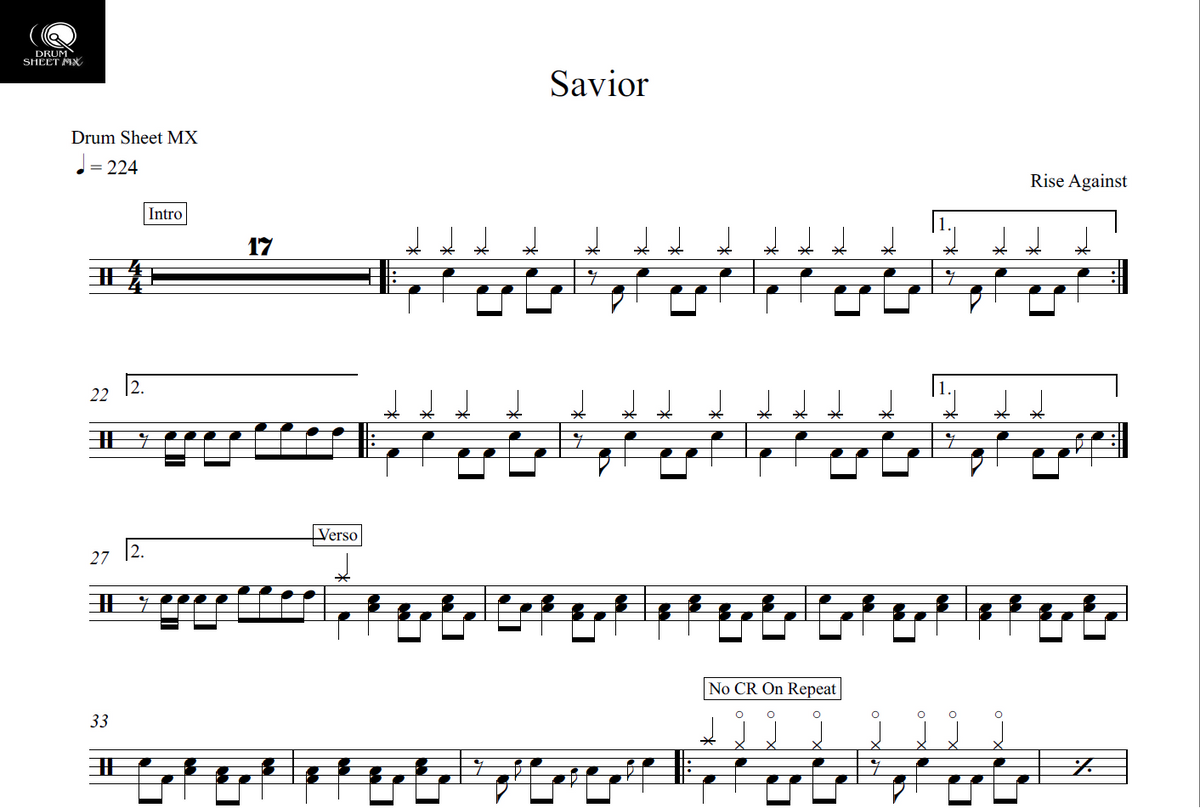 Savior - Rise Against - Drum Sheet Music - Drum Sheet MX ...