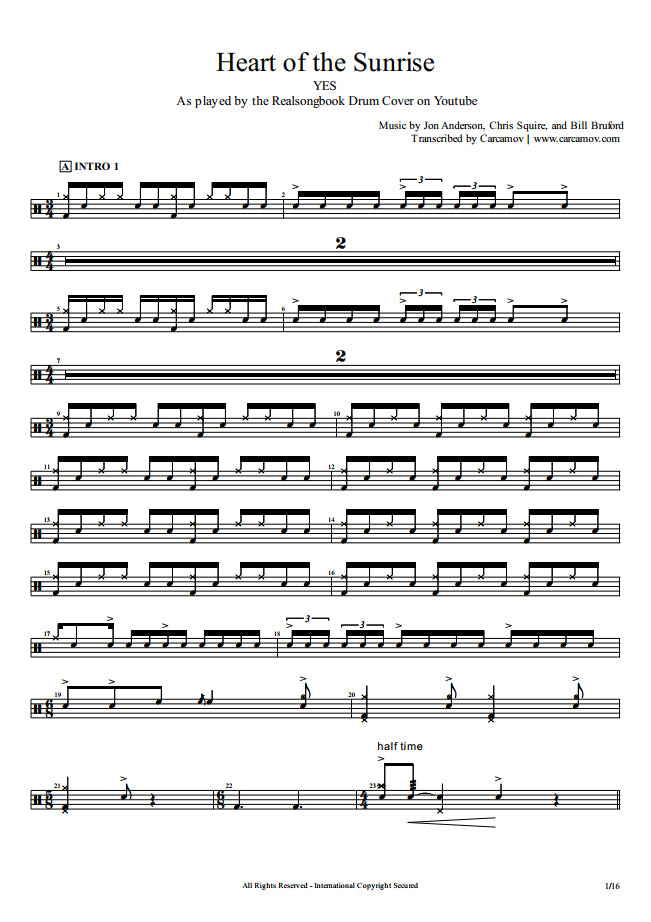 Heart of the Sunrise - Yes - Full Drum Transcription / Drum Sheet Music - Realsongbook