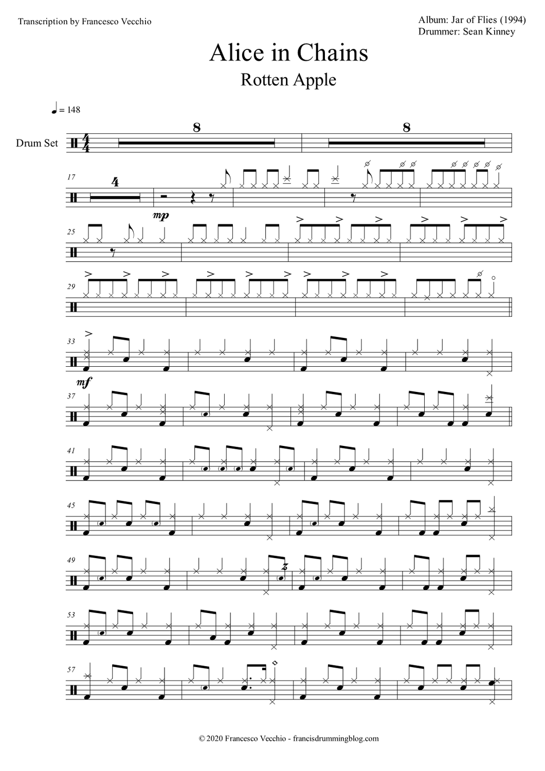 Rotten Apple - Alice in Chains - Full Drum Transcription / Drum Sheet Music - FrancisDrummingBlog.com