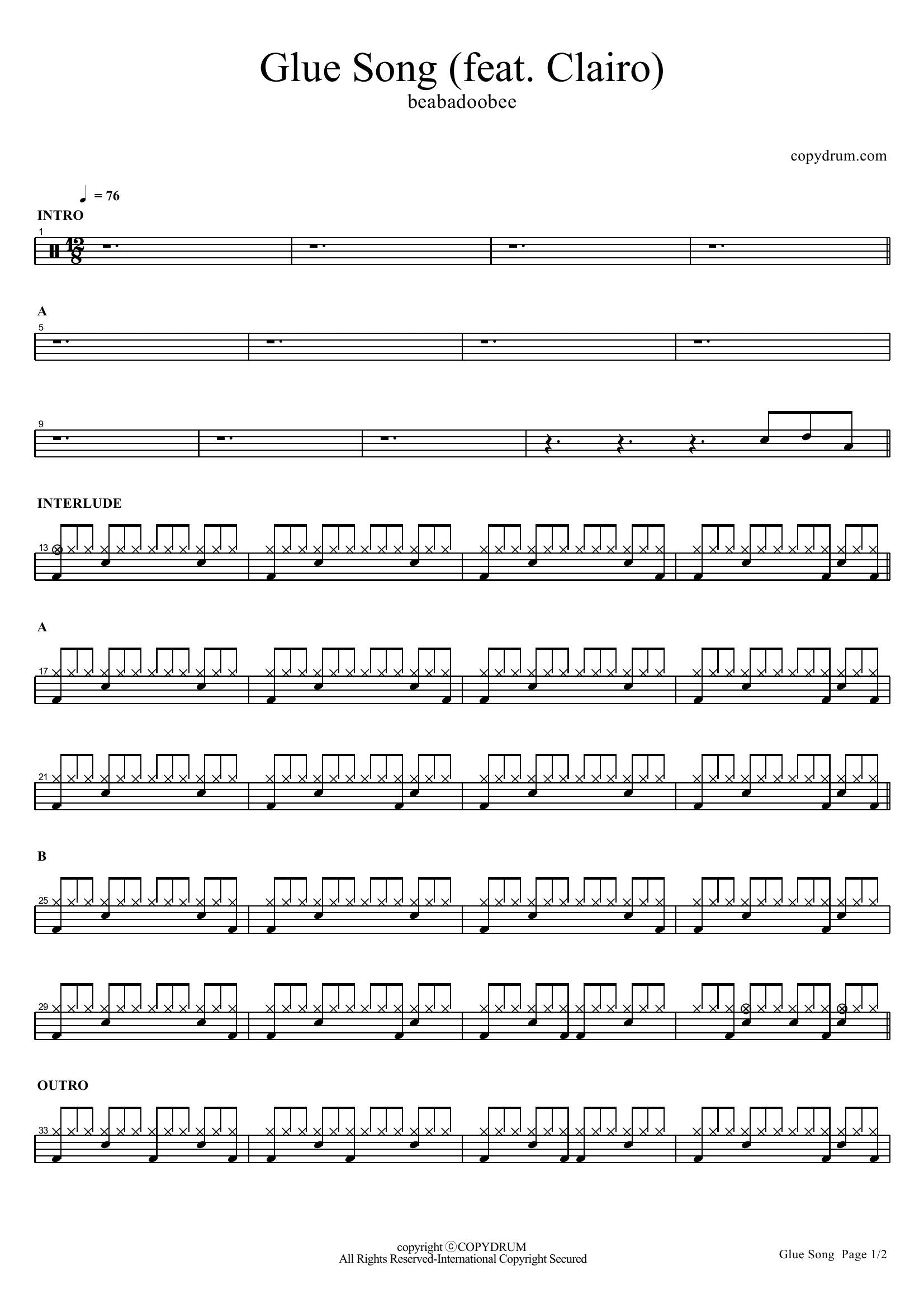 Glue Song - Beabadoobee - Drum Sheet Music - COPYDRUM – DrumSetSheetMusic