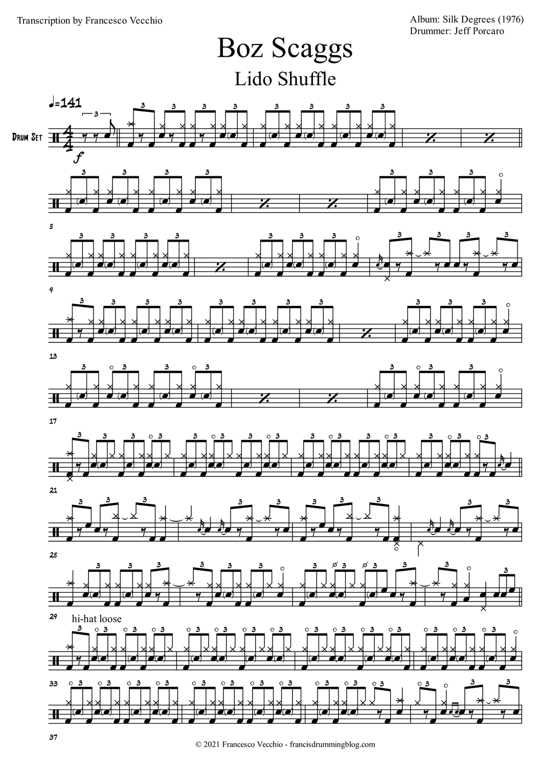 Lido Shuffle - Boz Scaggs - Full Drum Transcription / Drum Sheet Music - FrancisDrummingBlog.com