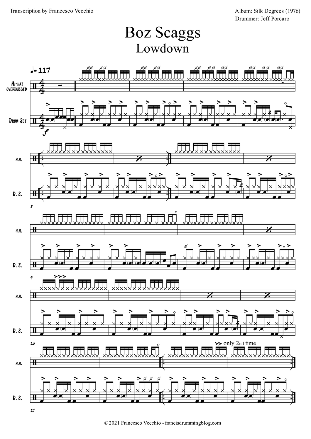 Lowdown - Boz Scaggs - Full Drum Transcription / Drum Sheet Music - FrancisDrummingBlog.com