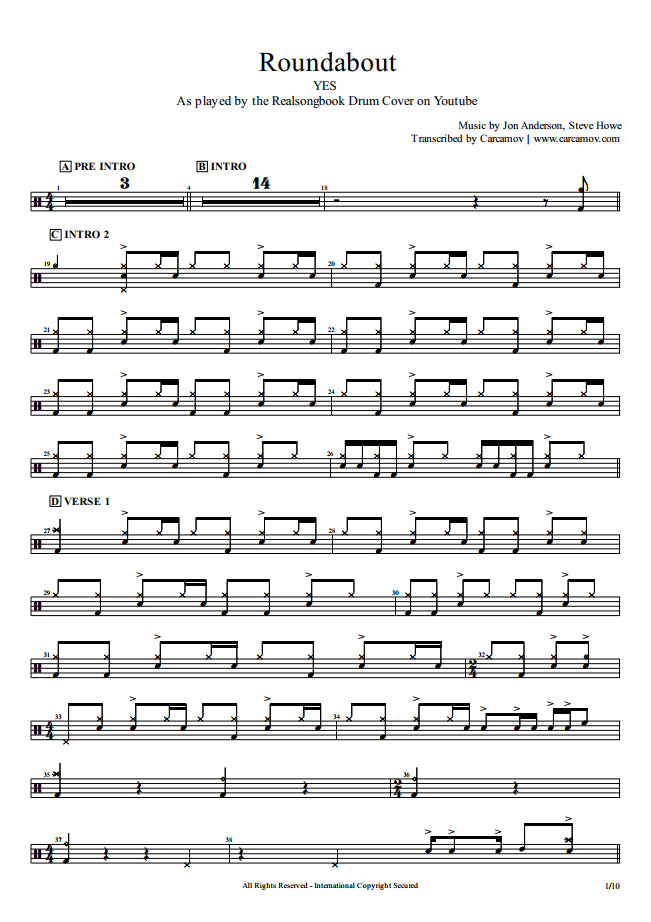 Roundabout - Yes - Full Drum Transcription / Drum Sheet Music - Realsongbook