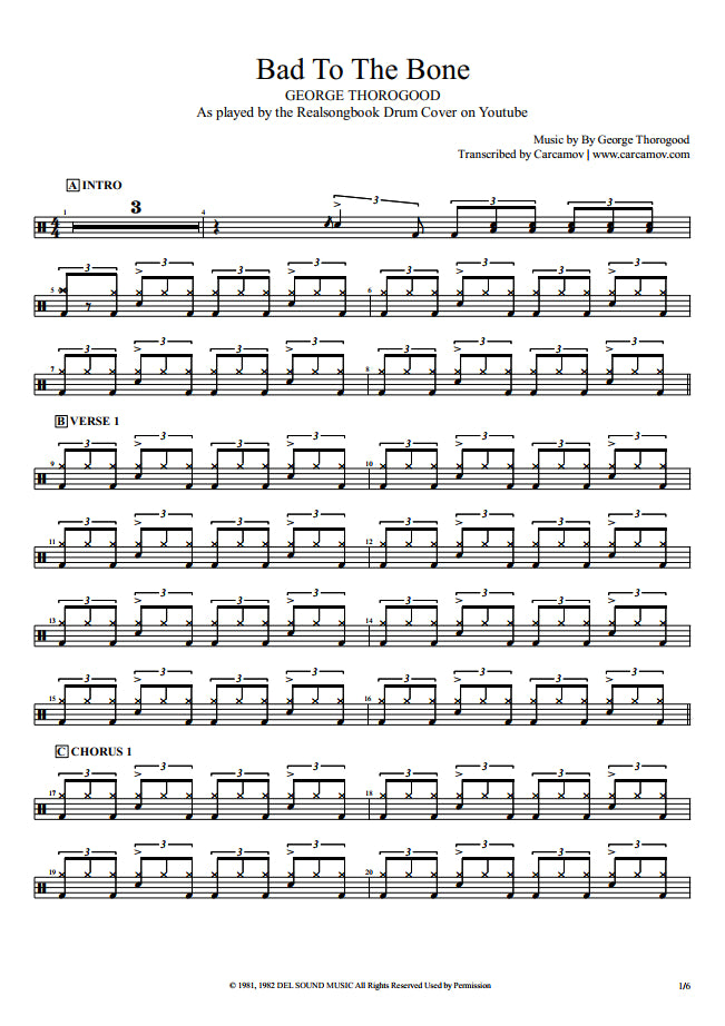 Bad to the Bone - George Thorogood & The Destroyers - Full Drum Transcription / Drum Sheet Music - Realsongbook