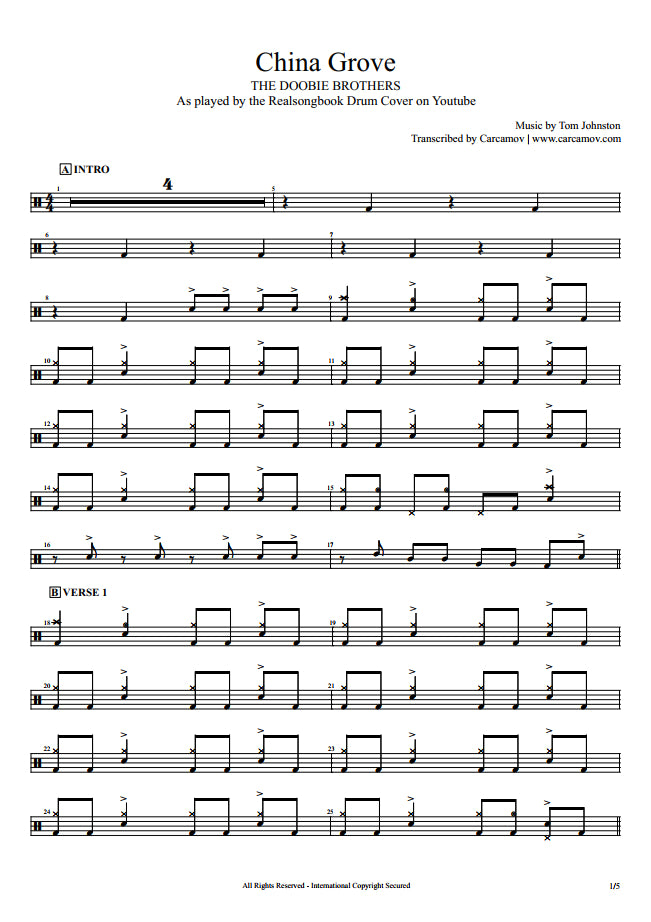 China Grove - The Doobie Brothers - Full Drum Transcription / Drum Sheet Music - Realsongbook