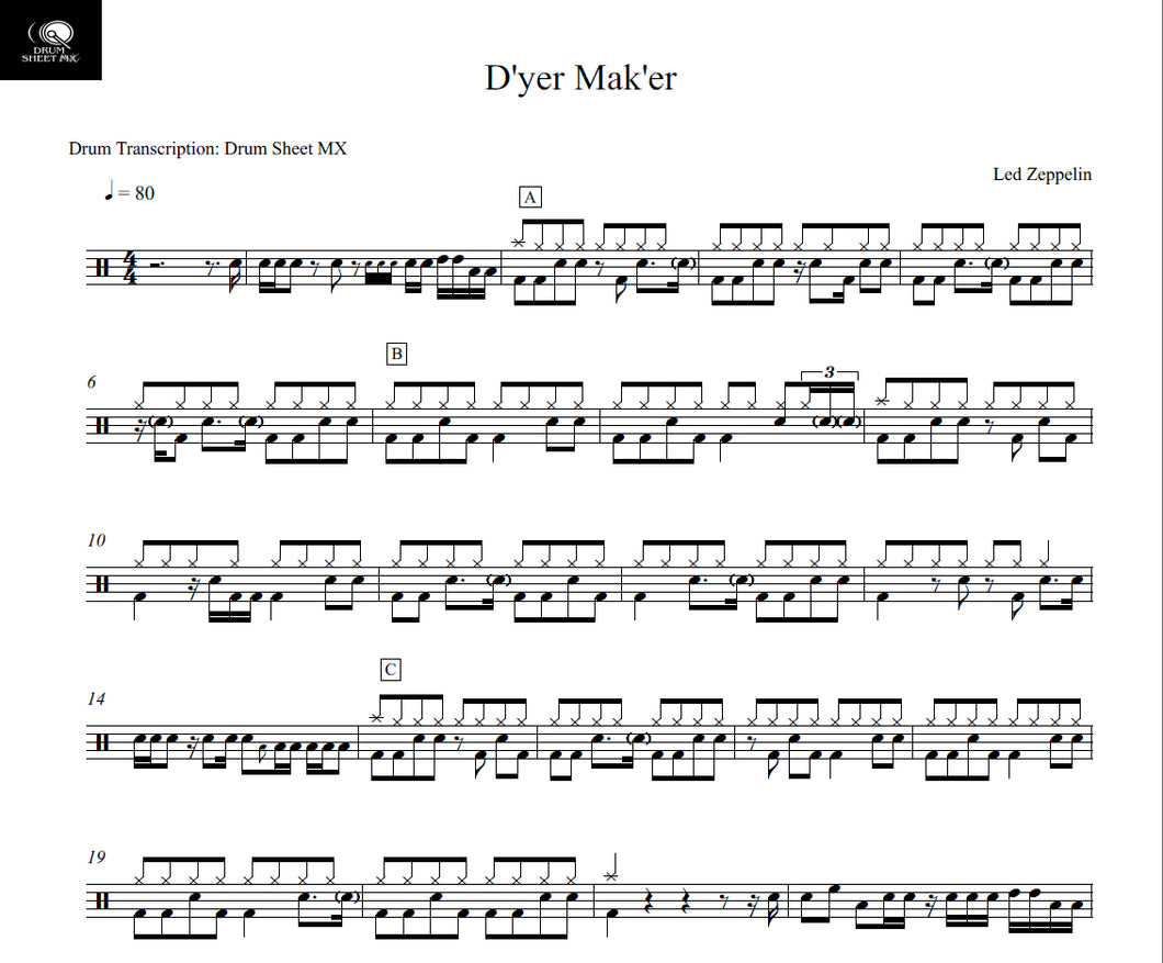 D'yer Mak'er Led Zeppelin Drum Sheet Music Drum Sheet MX DrumSetSheetMusic