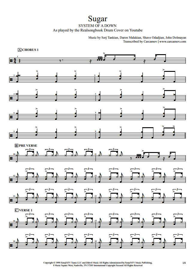 Sugar - System of a Down - Full Drum Transcription / Drum Sheet Music - Realsongbook