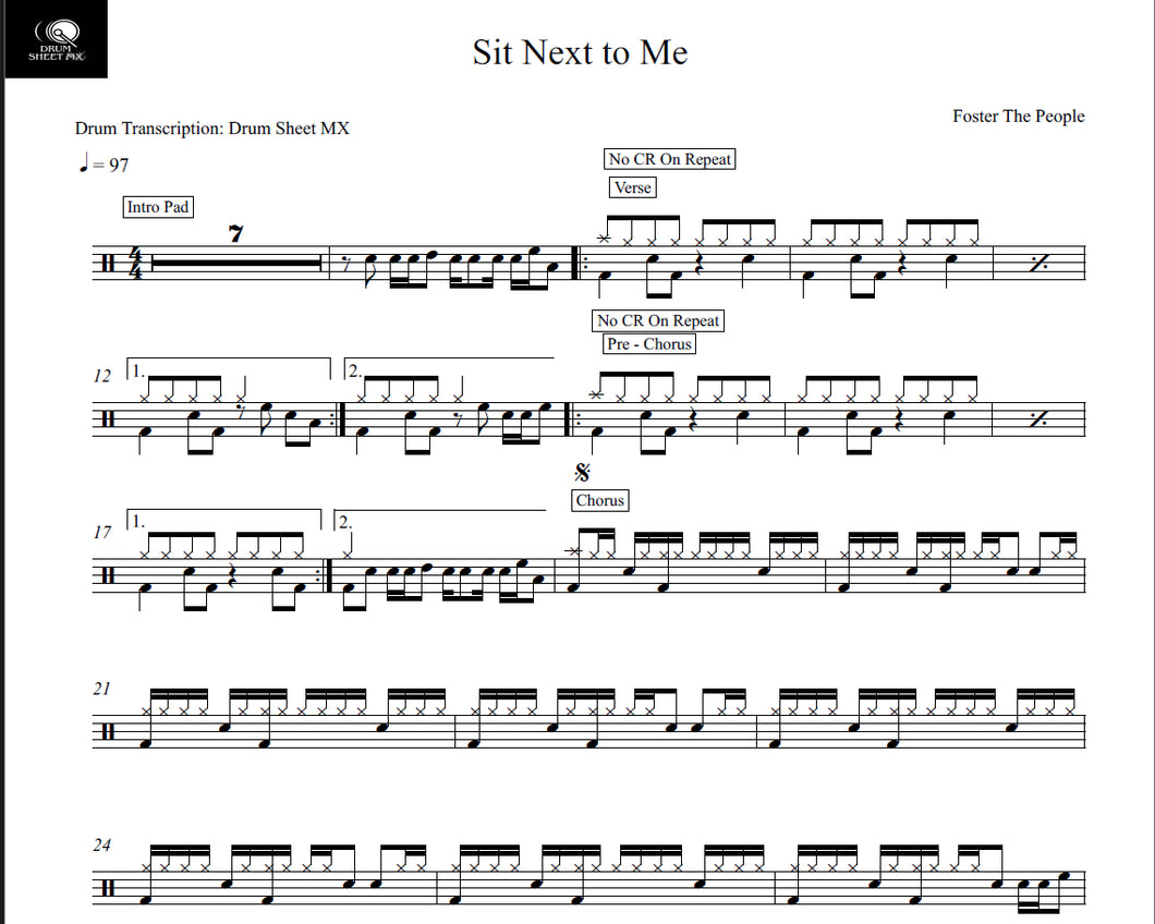 Sit Next to Me - Foster the People - Full Drum Transcription / Drum Sheet Music - Drum Sheet MX