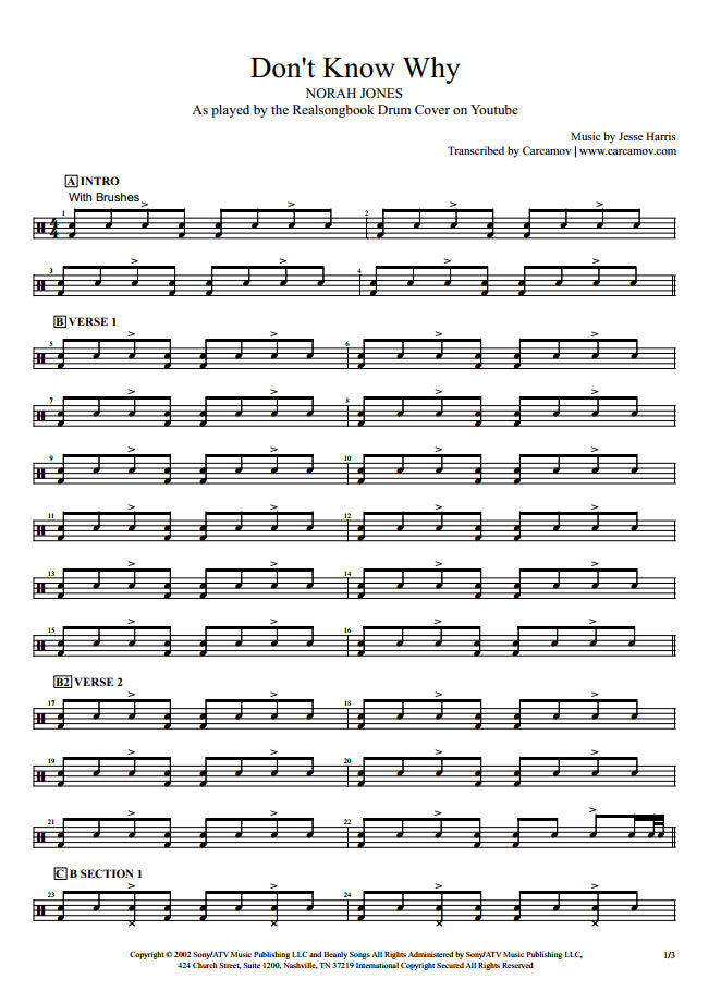 Don't Know Why - Norah Jones - Full Drum Transcription / Drum Sheet Music - Realsongbook