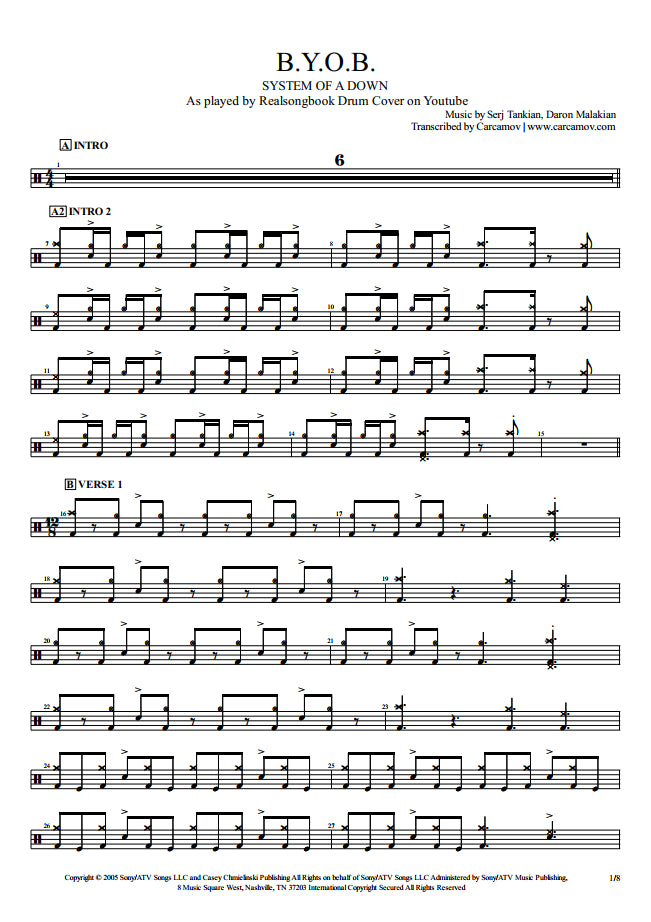 B.Y.O.B. - System of a Down - Full Drum Transcription / Drum Sheet Music - Realsongbook
