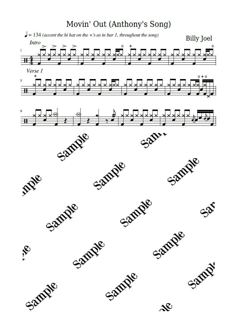 Movin' Out (Anthony's Song) - Billy Joel - Full Drum Transcription / Drum Sheet Music - KiwiDrums