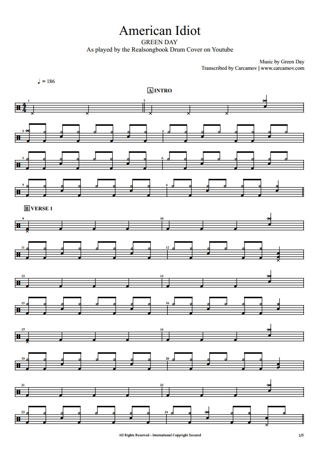 American Idiot - Green Day - Full Drum Transcription / Drum Sheet Music - Realsongbook