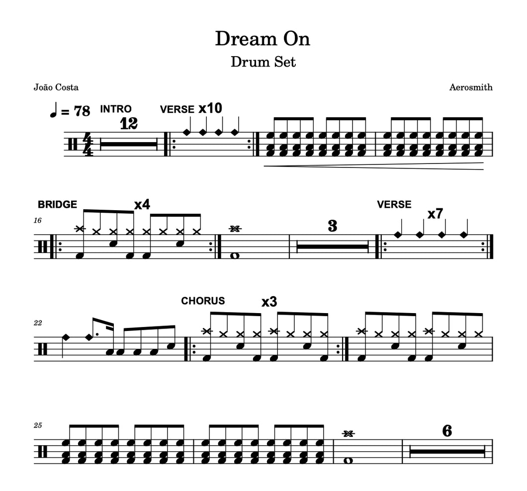 Dream On - Aerosmith - Full Drum Transcription / Drum Sheet Music - João Costa
