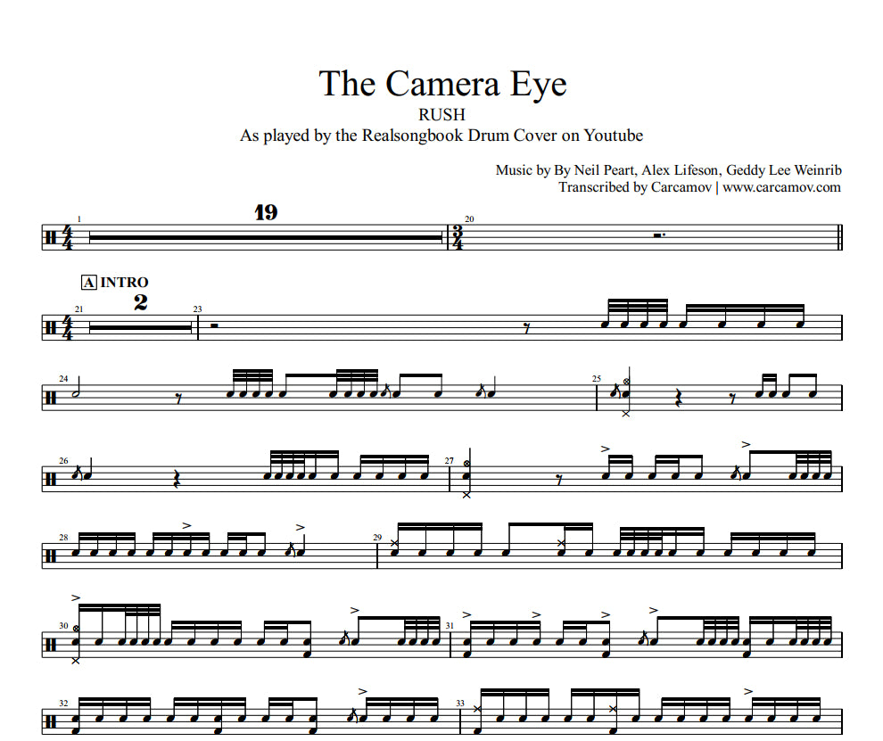 The Camera Eye - Rush - Full Drum Transcription / Drum Sheet Music - Realsongbook