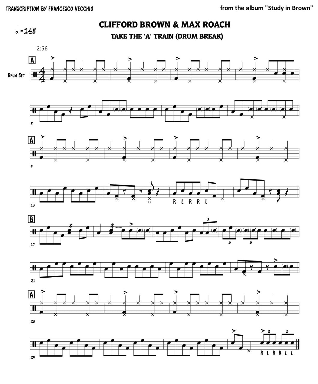 Take the 'A' Train - Clifford Brown & Max Roach - Selection Drum Transcription / Drum Sheet Music - FrancisDrummingBlog.com