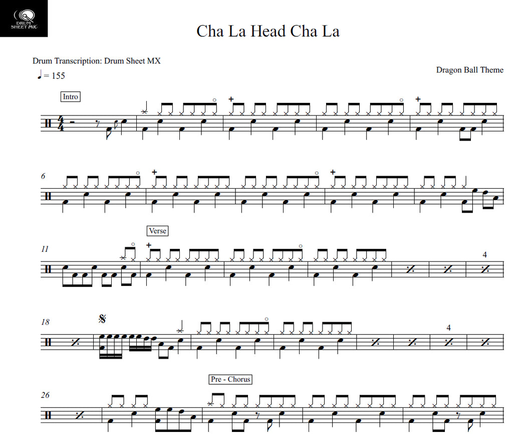 Cha La Head Cha La (チャラ・ヘッチャラ) (Dragon Ball Z Theme) - Hironobu Kageyama (影山 ヒロノブ) - Full Drum Transcription / Drum Sheet Music - Drum Sheet MX