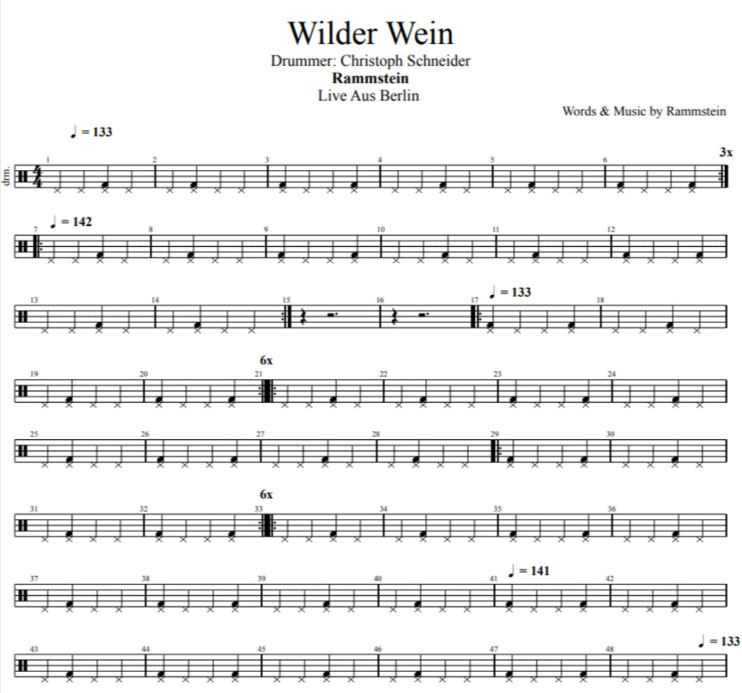 Wilder Wein - Rammstein - Rough Draft Drum Transcription / Drum Sheet Music - DrumSetSheetMusic.com