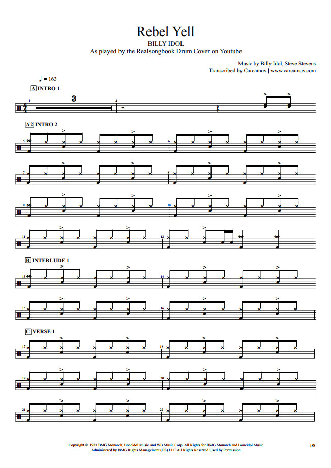 Rebel Yell - Billy Idol - Full Drum Transcription / Drum Sheet Music - Realsongbook