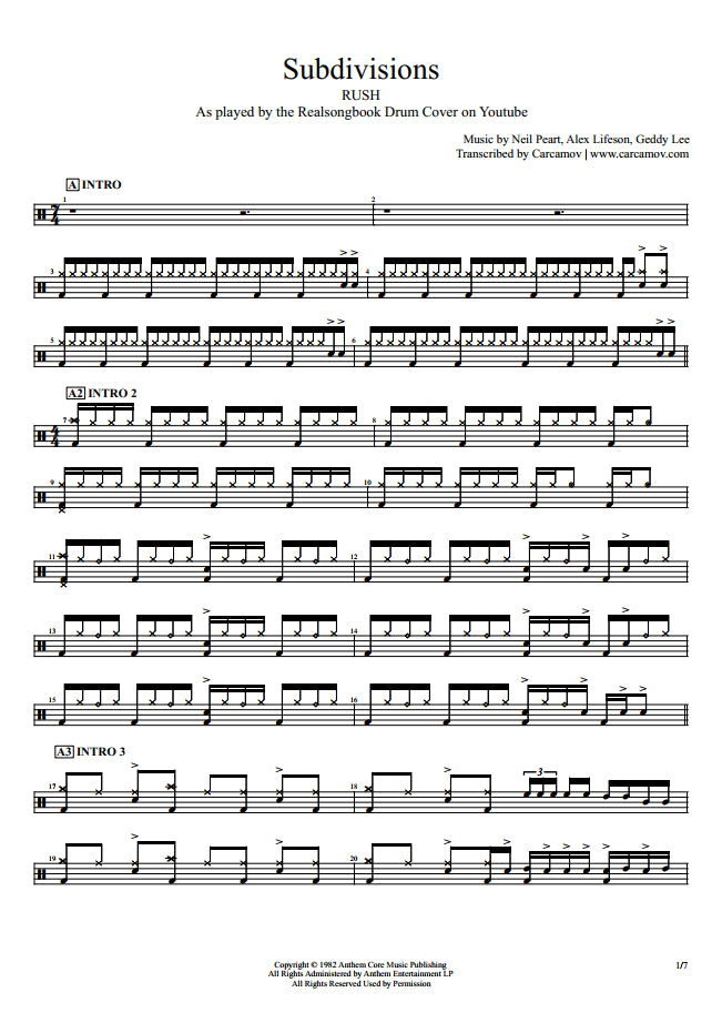 Subdivisions - Rush - Full Drum Transcription / Drum Sheet Music - Realsongbook