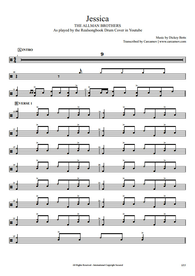 Jessica - The Allman Brothers Band - Full Drum Transcription / Drum Sheet Music - Realsongbook