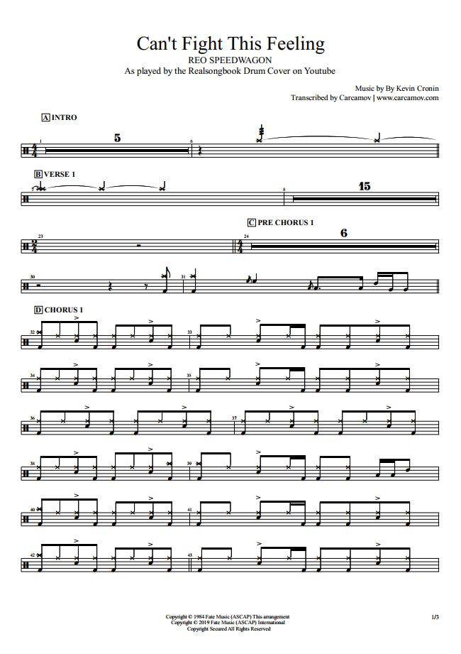 Can't Fight This Feeling - REO Speedwagon - Full Drum Transcription / Drum Sheet Music - Realsongbook