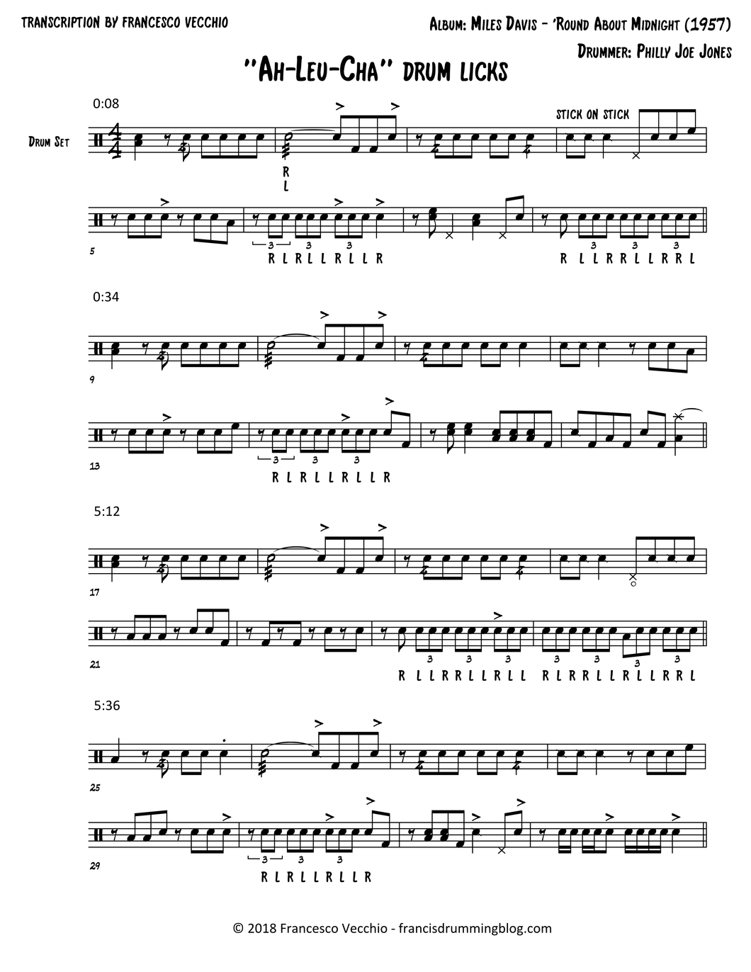 Ah Leu Cha - Miles Davis - Selection Drum Transcription / Drum Sheet Music - FrancisDrummingBlog.com