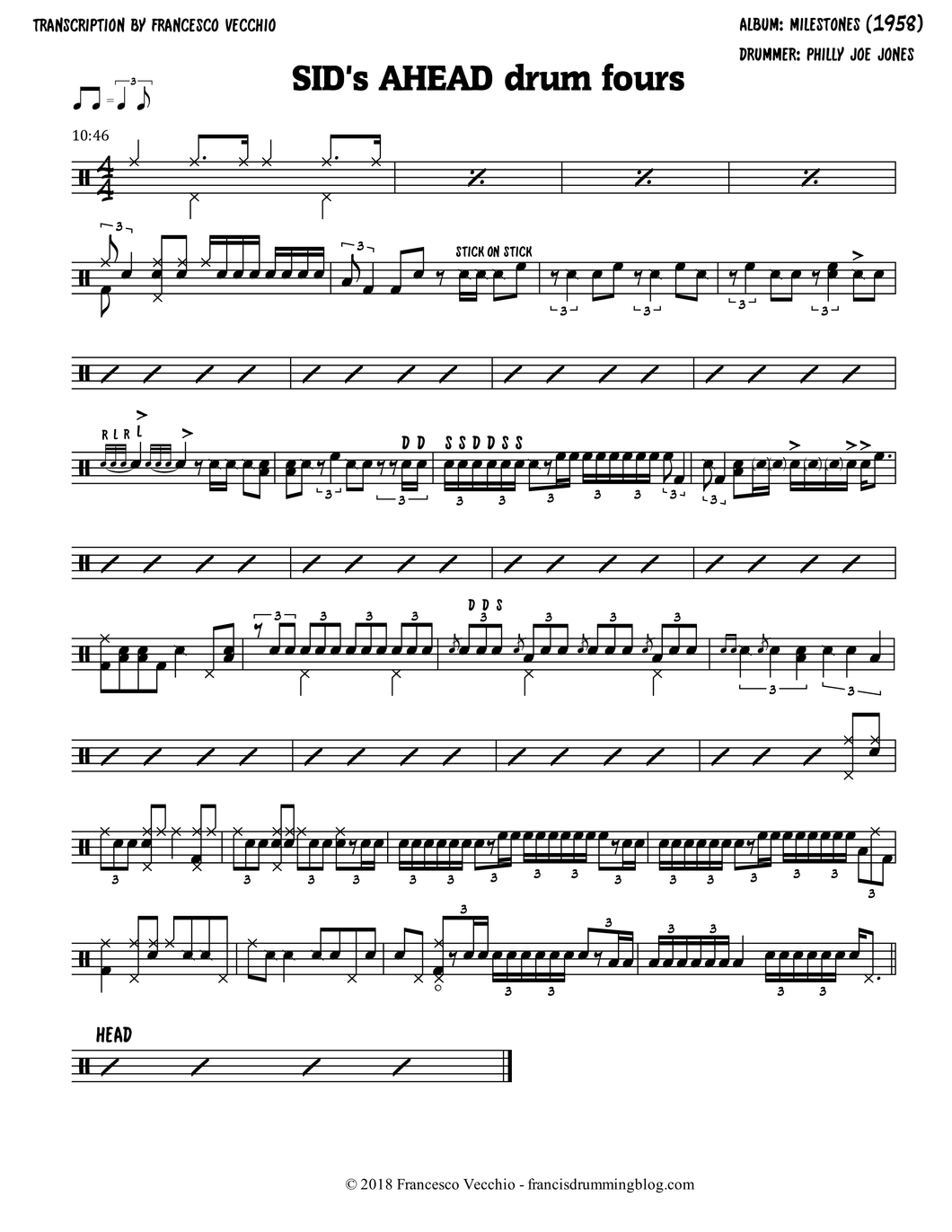 Sid's Ahead - Miles Davis - Full Drum Transcription / Drum Sheet Music - FrancisDrummingBlog.com