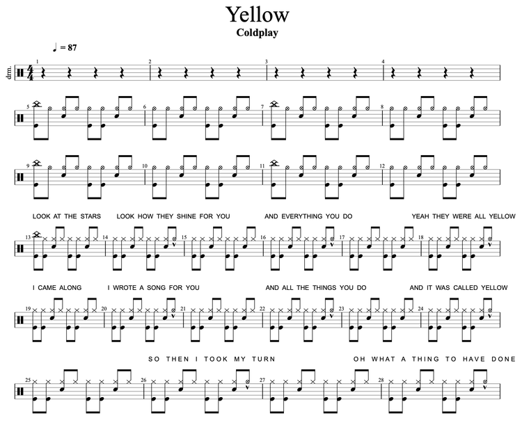 Yellow Coldplay Script Yellow - Coldplay - Drum Sheet Music - Cyril Mayer – DrumSetSheetMusic