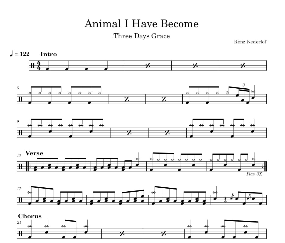 Animal I Have Become - Three Days Grace - Full Drum Transcription / Drum Sheet Music - Renz Nederlof
