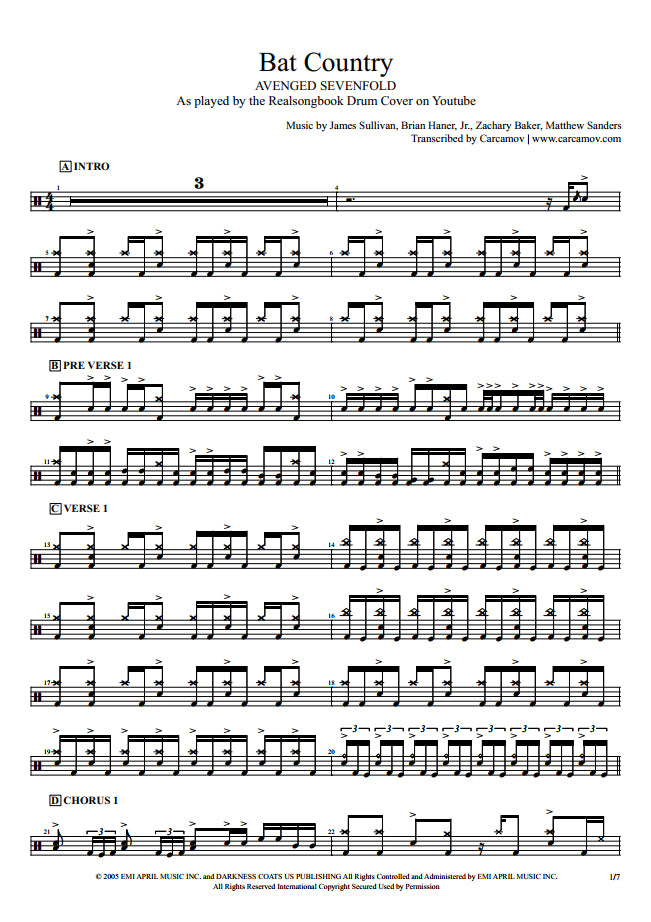 Bat Country - Avenged Sevenfold - Full Drum Transcription / Drum Sheet Music - Realsongbook