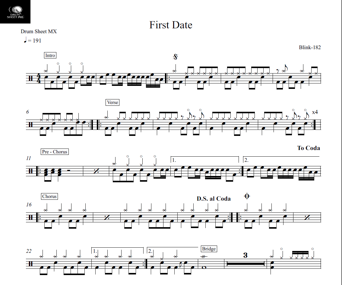 First Date - Blink 182 - Drum Sheet Music - Drum Sheet MX ...