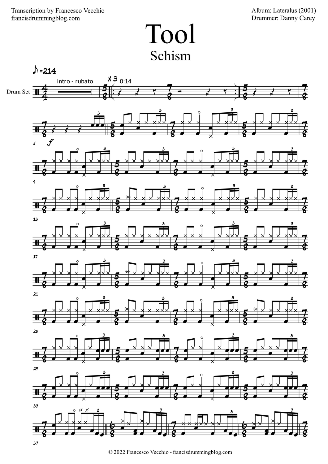 Schism - Tool - Full Drum Transcription / Drum Sheet Music - FrancisDrummingBlog.com