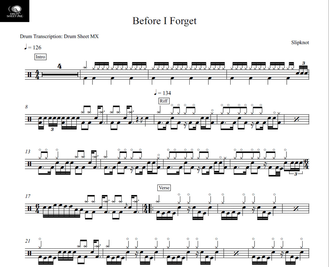 Before I Forget - Slipknot - Full Drum Transcription / Drum Sheet Music - Drum Sheet MX