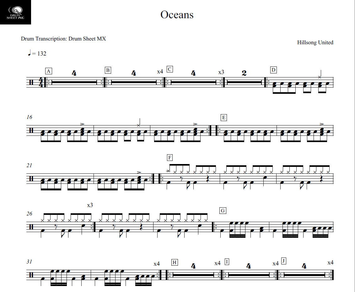 Oceans (Where Feet May Fail) Hillsong United Drum Sheet Music