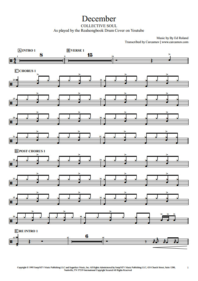 December - Collective Soul - Full Drum Transcription / Drum Sheet Music - Realsongbook