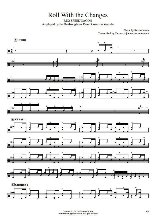 Roll With the Changes - REO Speedwagon - Full Drum Transcription / Drum Sheet Music - Realsongbook