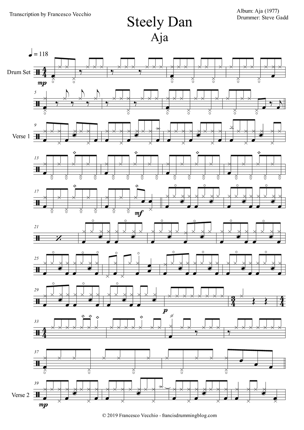 Aja - Steely Dan - Full Drum Transcription / Drum Sheet Music - FrancisDrummingBlog.com