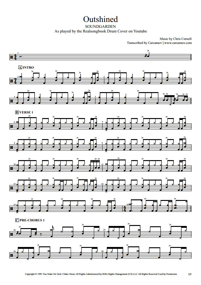 Outshined - Soundgarden - Full Drum Transcription / Drum Sheet Music - Realsongbook