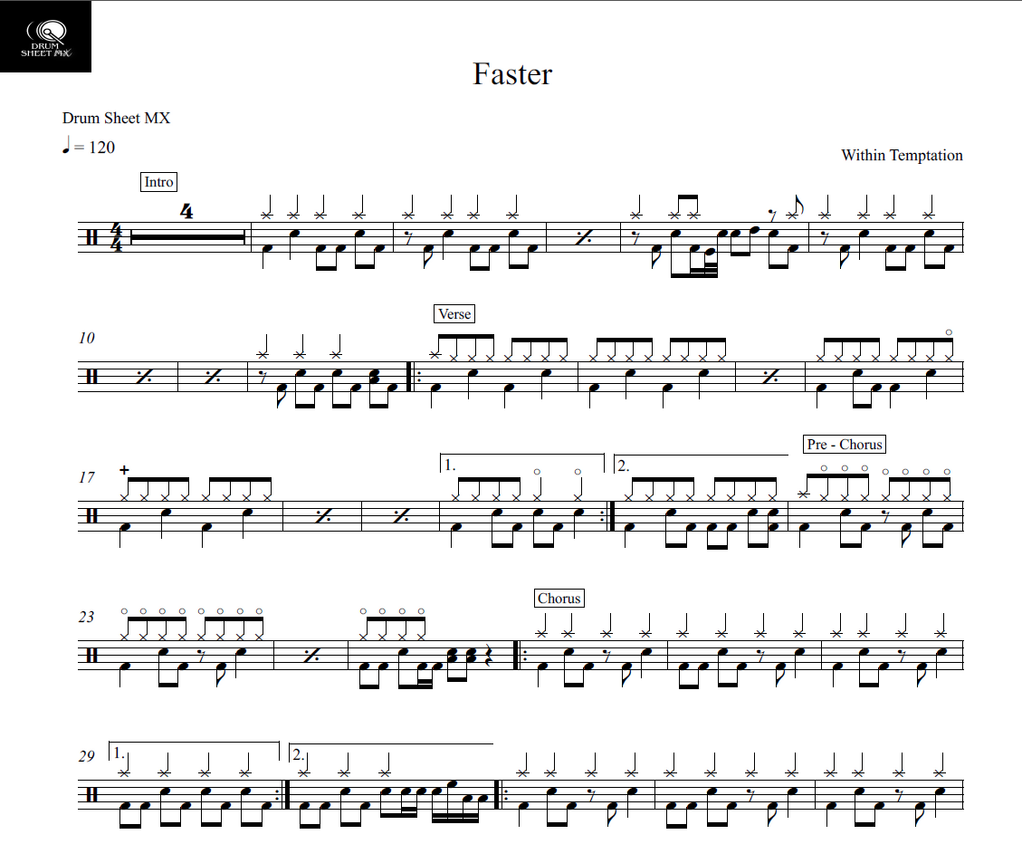 Faster - Within Temptation - Drum Sheet Music - Drum Sheet MX ...
