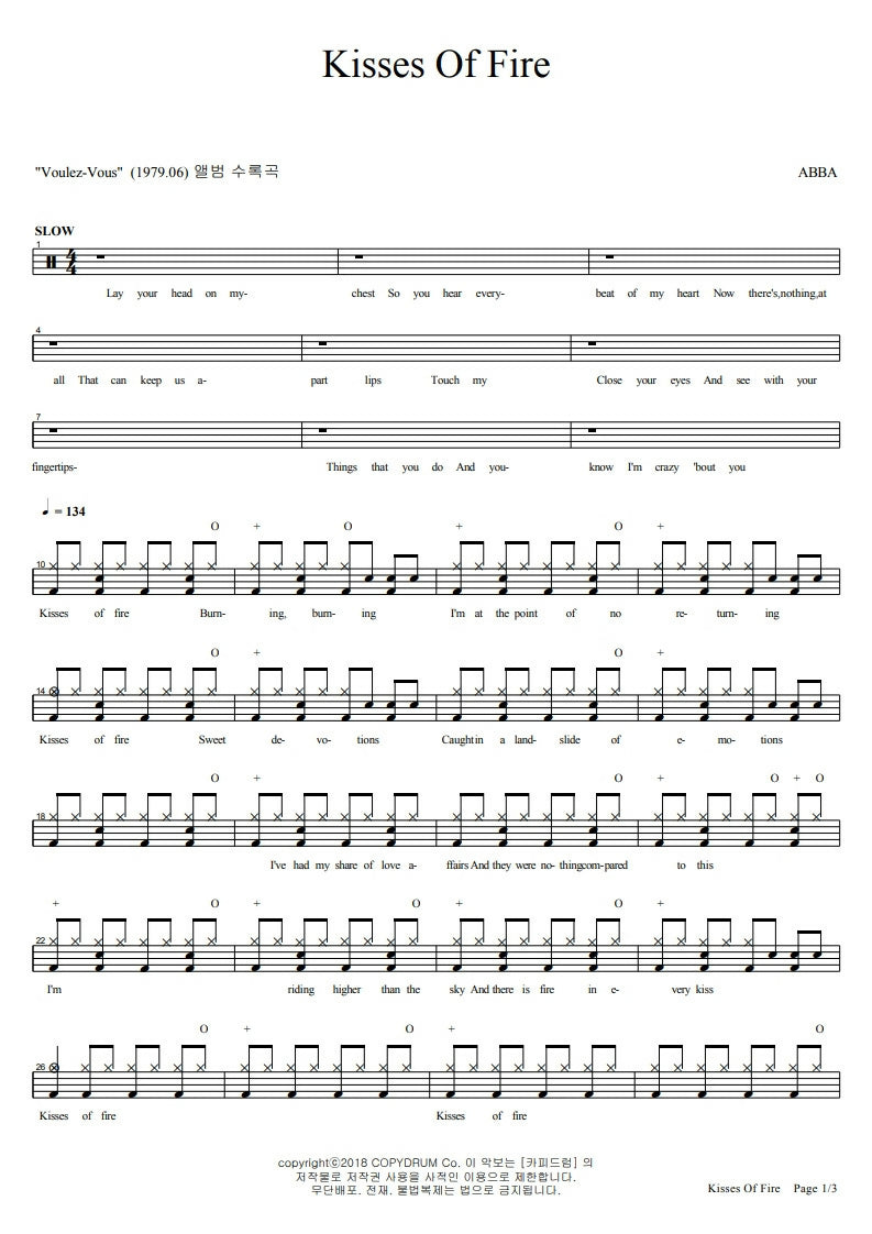 Kisses of Fire - ABBA - Drum Sheet Music - COPYDRUM – DrumSetSheetMusic