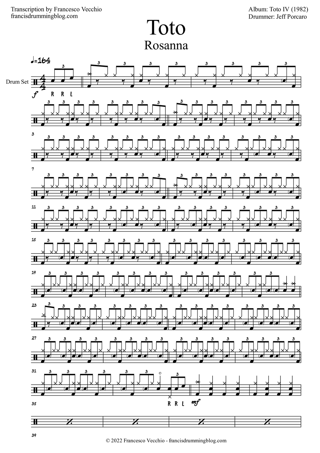 Rosanna - Toto - Full Drum Transcription / Drum Sheet Music - FrancisDrummingBlog.com