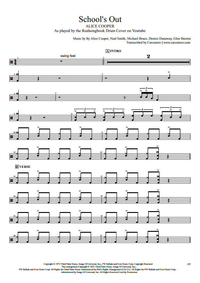 School's Out - Alice Cooper - Drum Sheet Music - Realsongbook ...