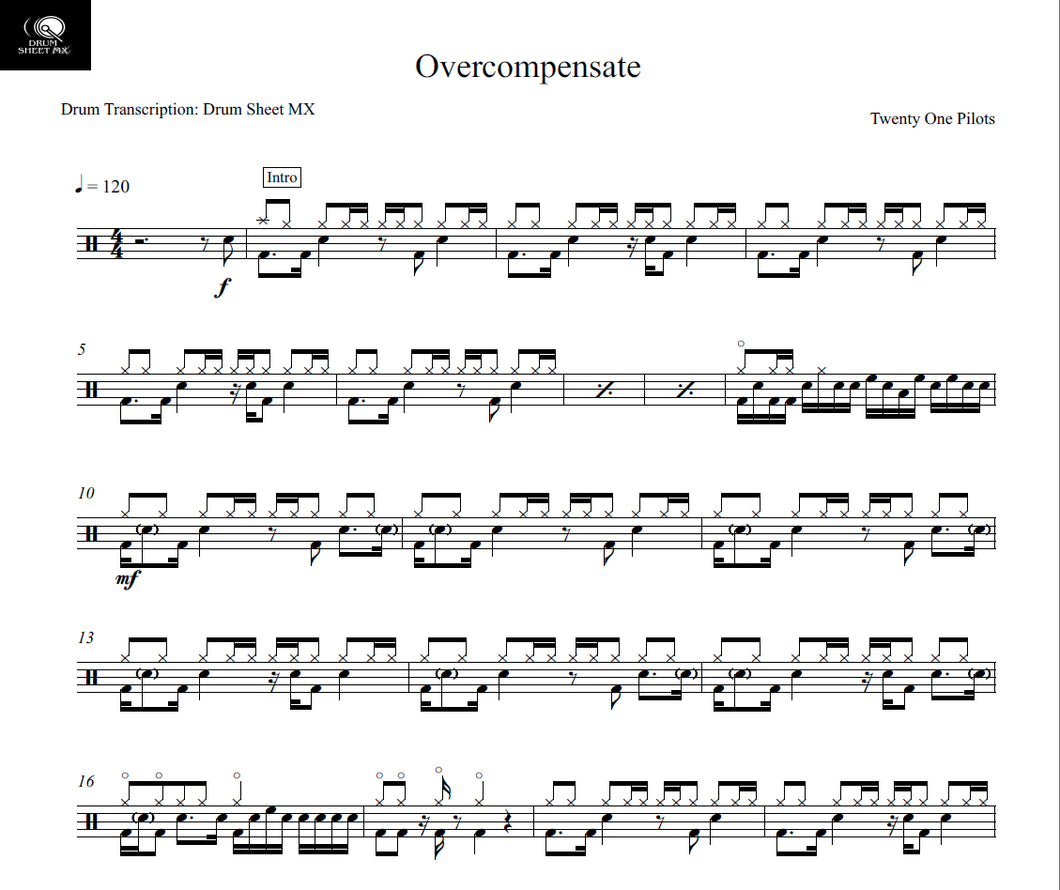 Overcompensate - Twenty One Pilots - Full Drum Transcription / Drum Sheet Music - Drum Sheet MX