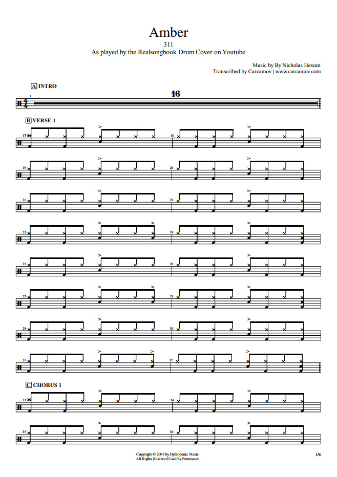 Amber - 311 - Full Drum Transcription / Drum Sheet Music - Realsongbook