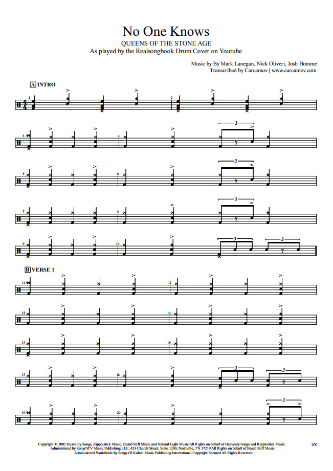 No One Knows - Queens of the Stone Age - Full Drum Transcription / Drum Sheet Music - Realsongbook
